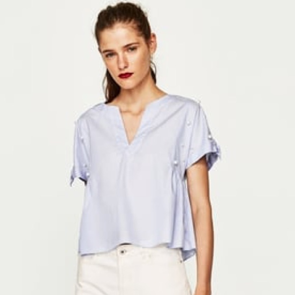 Zara Light Blue Top with Pearl Detail on Sleeves